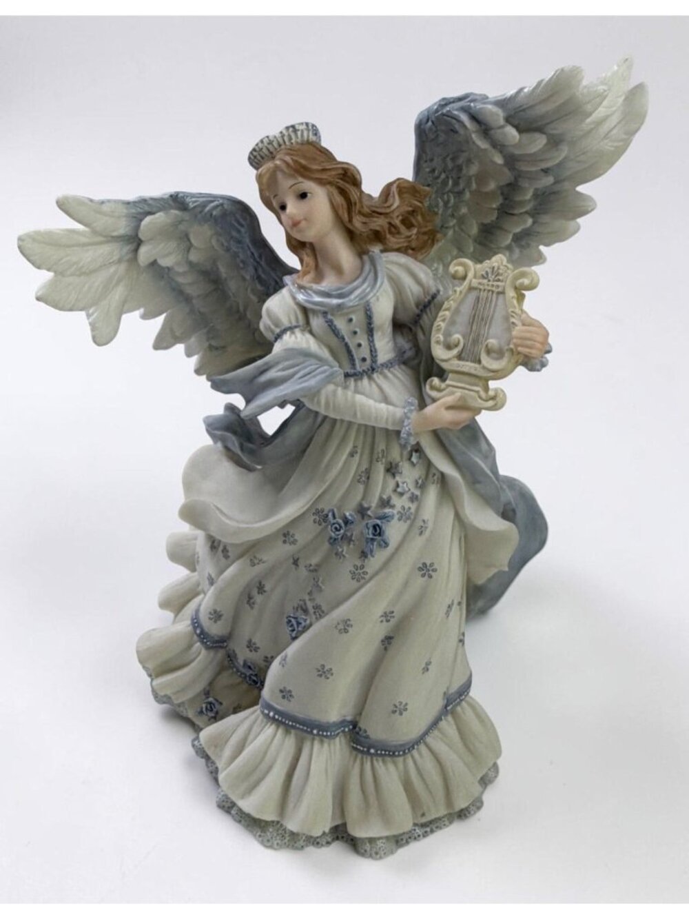 Montefiori Collection Angel Figurine with Harp Blue Rose Gown Vintage Holiday